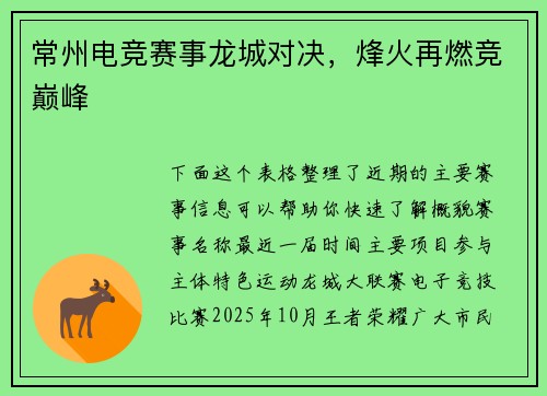 常州电竞赛事龙城对决，烽火再燃竞巅峰